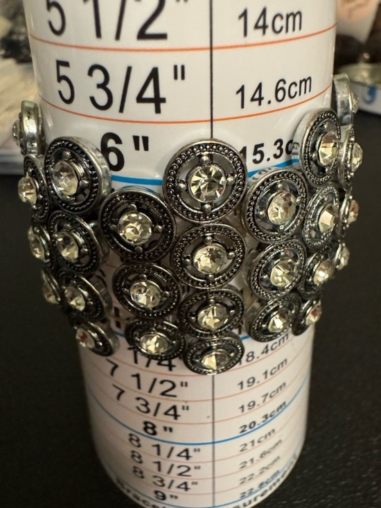 Jewelry - Rhinestone Embellished Silver-Tone Wide Cuff Stretch Bracelet